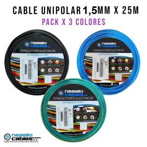 CABLE UNIPOLAR 1.5 MM X 25M PACK X 3 COLORES (NEGRO - CELESTE - VERDE/AMARILLO) - Vista 1