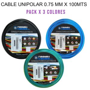 CABLE UNIPOLAR 0.75 MM X 100M PACK X 3 COLORES (NEGRO - CELESTE - VERDE/AMARILLO) - Vista 1