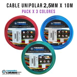 CABLE UNIPOLAR 2.5 MM X 10M PACK X 3 COLORES (ROJO - CELESTE - VERDE/AMARILLO) - Vista 1