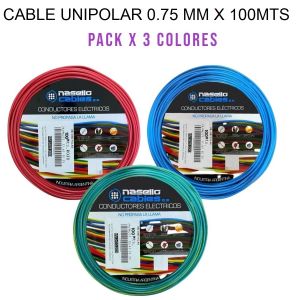 CABLE UNIPOLAR 0.75 MM X 100M PACK X 3 COLORES (ROJO- CELESTE - VERDE/AMARILLO) - Vista 1