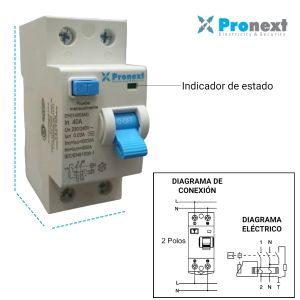 DISYUNTOR BIPOLAR 2X40A 30MA 6KA TIPO AC PRONEXT - Vista 1