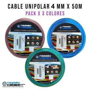 CABLE UNIPOLAR 4 MM X 50M PACK X 3 COLORES (MARRON - CELESTE - VERDE/AMARILLO) - Vista 1