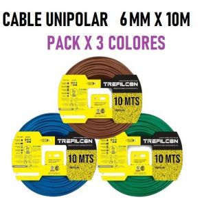 CABLE UNIPOLAR 6 MM TREFILCON X 10M PACK X 3 COLORES (MARRON - CELESTE - VERDE/AMARILLO) - Vista 1