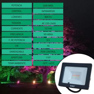 REFLECTOR LED 20W RGB KING 220V RGB+W CONTROL REMOTO RF - Vista 5