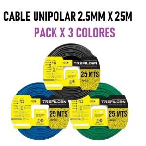 CABLE UNIPOLAR 2.5 MM TREFILCON X 25M PACK X 3 COLORES (NEGRO- CELESTE - VERDE/AMARILLO) - Vista 1