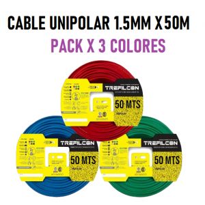 CABLE UNIPOLAR 1.5 MM TREFILCON X 50M PACK X 3 COLORES (ROJO- CELESTE - VERDE/AMARILLO) - Vista 1