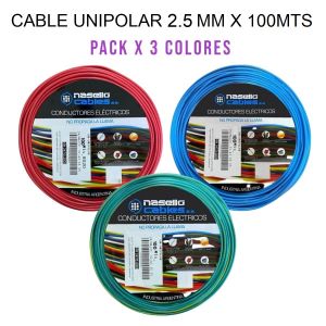 CABLE UNIPOLAR 2.5 MM X 100M PACK X 3 COLORES (ROJO - CELESTE - VERDE/AMARILLO) - Vista 1