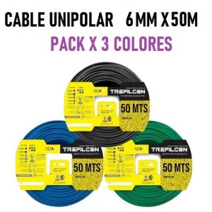 CABLE UNIPOLAR 6 MM TREFILCON X 50M PACK X 3 COLORES (NEGRO- CELESTE - VERDE/AMARILLO) - Vista 1