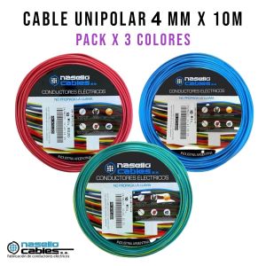 CABLE UNIPOLAR 4 MM X 10M PACK X 3 COLORES (ROJO - CELESTE - VERDE/AMARILLO) - Vista 1