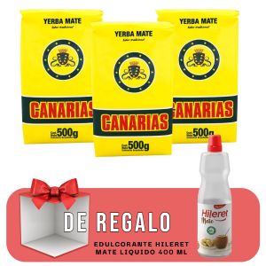 YERBA MATE CANARIAS 500 GR X 3 UNIDADES +  EDULCORANTE HILERET MATE LIQUIDO 400 ML