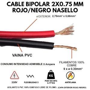 CABLE BIPOLAR 2X0.75 MM ROJO/NEGRO AUDIO X 100 MTS CONDUELEC - Vista 1