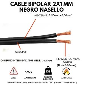 CABLE BIPOLAR 2X1 MM NEGRO X METRO CONDUELEC - Vista 1