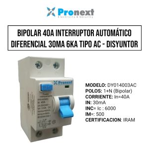 DISYUNTOR BIPOLAR 2X40A 30MA 6KA TIPO AC PRONEXT - Vista 2