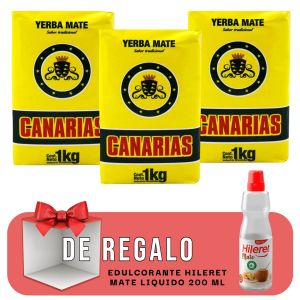 YERBA MATE CANARIAS 1KG X 3 UNIDADES + EDULCORANTE HILERET MATE LIQUIDO 200 ML