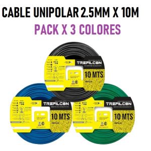 CABLE UNIPOLAR 2.5 MM TREFILCON X 10M PACK X 3 COLORES (NEGRO- CELESTE - VERDE/AMARILLO) - Vista 1