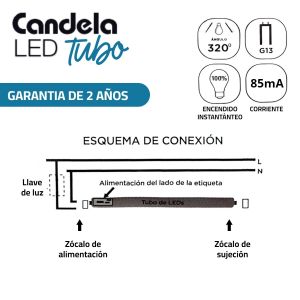 TUBO LED T8 VIDRIO 18W FRIO 120 CM CANDELA - Vista 2