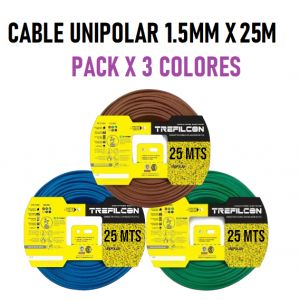 CABLE UNIPOLAR 1.5 MM TREFILCON X 25M PACK X 3 COLORES (MARRON - CELESTE - VERDE/AMARILLO) - Vista 1