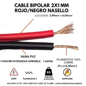 CABLE BIPOLAR 2X1 MM ROJO/NEGRO AUDIO X METRO CONDUELEC - Vista 1