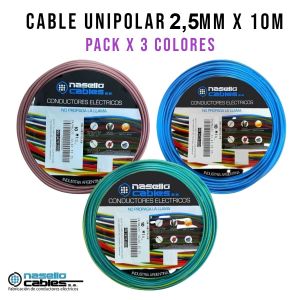 CABLE UNIPOLAR 2.5 MM X 10M PACK X 3 COLORES (MARRON - CELESTE - VERDE/AMARILLO) - Vista 1