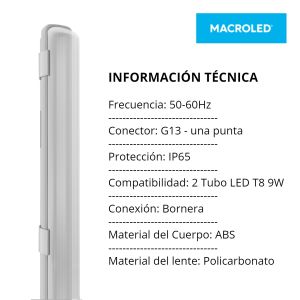 LUMINARIA ESTANCO P/ 2 TUBOS LED DE 9W 60 CM MACROLED - Vista 2