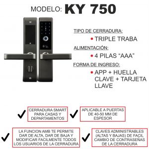 CERRADURA SMART DE TRIPLE TRABA HUELLA APP + CLAVE + TARJETA + LLAVE MECÁNICA PRONEXT - Vista 3