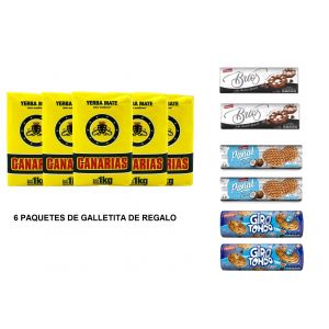 YERBA MATE CANARIAS 1KG X 5 UNIDADES +  6 PAQUETES GALLETITAS OKEBON DE REGALO