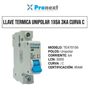 LLAVE TERMICA UNIPOLAR 1X6A 3KA CURVA C PRONEXT - Vista 4