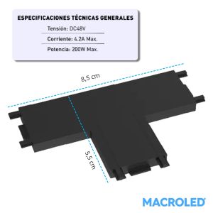 CONECTOR TIPO T PLANO PARA RIEL MAGNETICO SKYLINE NEGRO MACROLED DC48V - Vista 4