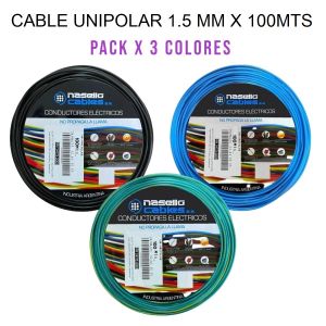 CABLE UNIPOLAR 1.5 MM X 100M PACK X 3 COLORES (NEGRO - CELESTE - VERDE/AMARILLO) - Vista 1