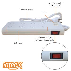 PROLONGADOR MULTIPLE 8 TOMAS + 2 USB BLANCO CON CABLE 3 MTS C/ PROTECTOR TERMICO - Vista 2