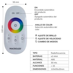 CONTROLADOR RGB RADIOFRECUENCIA + CONTROL TACTIL 288W MACROLED - Vista 2