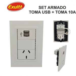 SET ARMADO 1 TOMACORRIENTE 10A + 1 USB DOBLE CONECTOR LINEA URBANA EXULTT - Vista 1