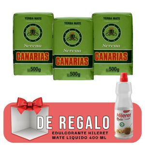 YERBA MATE CANARIAS SERENA 500 GR X 3 UNIDADES + EDULCORANTE HILERET MATE LIQUIDO 400 ML