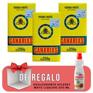 YERBA MATE CANARIAS 250 GR X 3 UNIDADES +  EDULCORANTE HILERET MATE LIQUIDO 200 ML