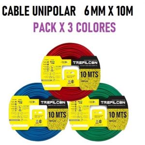 CABLE UNIPOLAR 6 MM TREFILCON X 10M PACK X 3 COLORES (ROJO- CELESTE - VERDE/AMARILLO) - Vista 1