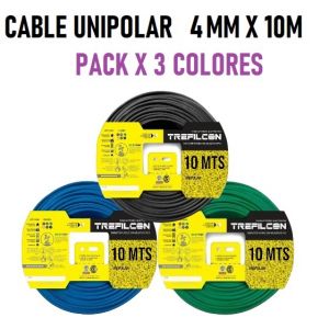 CABLE UNIPOLAR 4 MM TREFILCON X 10M PACK X 3 COLORES (NEGRO- CELESTE - VERDE/AMARILLO) - Vista 1